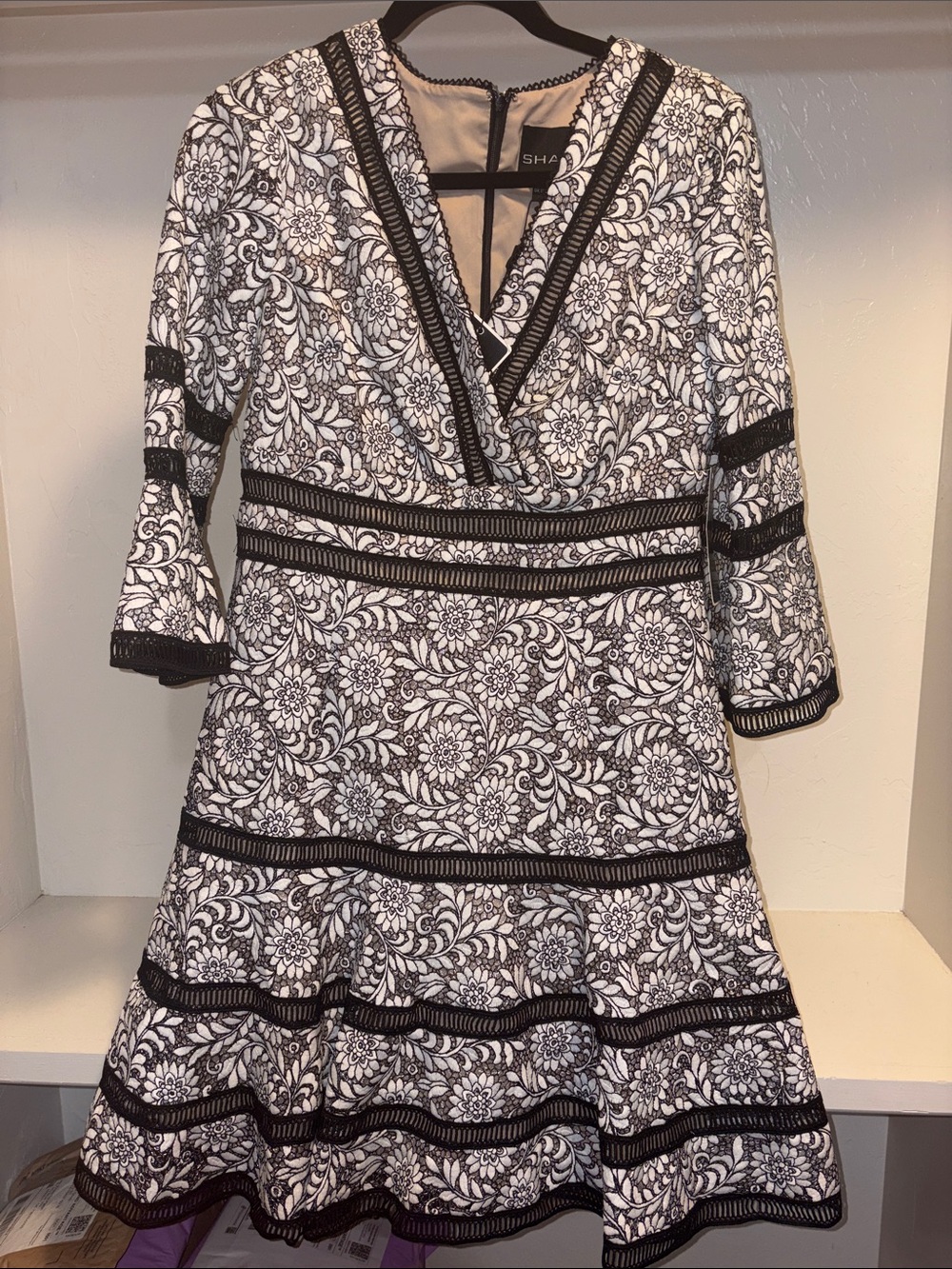 SHAN Black & White Floral Lace-Trim V-Neck Midi Dress